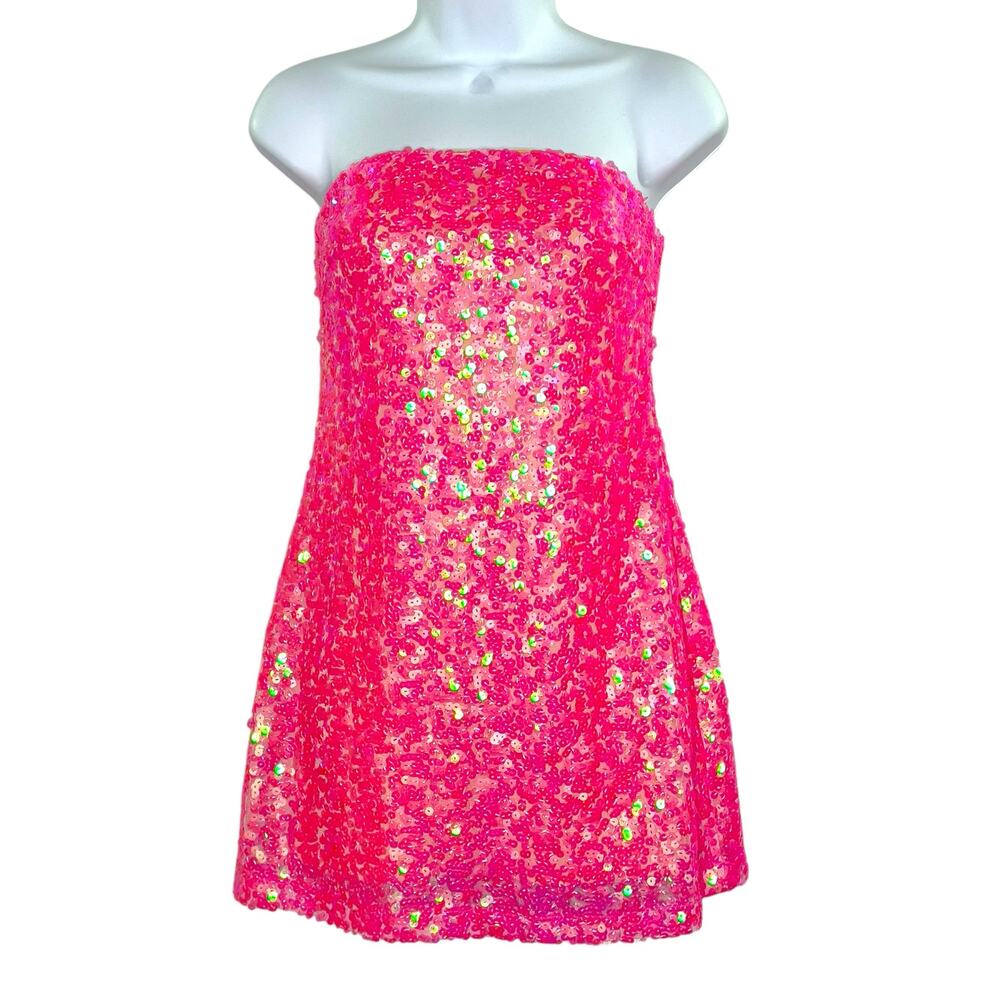 Show Me Your Mumu XS NEW On My Way Dress Strapless Pink Sequins Party - Picture 2 of 12